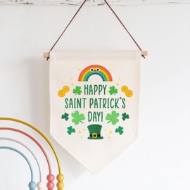 Happy St Patrick's Day & Rainbow Linen Hanging Flag, Irish Pennant Decoration
