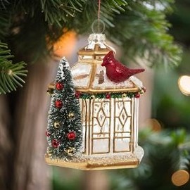 The Bridge Collection Vintage Glass Pagoda with Cardinal Ornament - Elegant Birdhouse Christmas Ornament