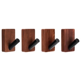 TOKCKYBL Coat Hooks Wall Mounted, 4-Pack Dark Walnut Wood Wall Hooks for Hanging Hats, Coats, Towels, Keys, Bags - Adhesive Hat Rack for Entryway, Bathroom - Rustproof Black Walnut Wooden Hangers