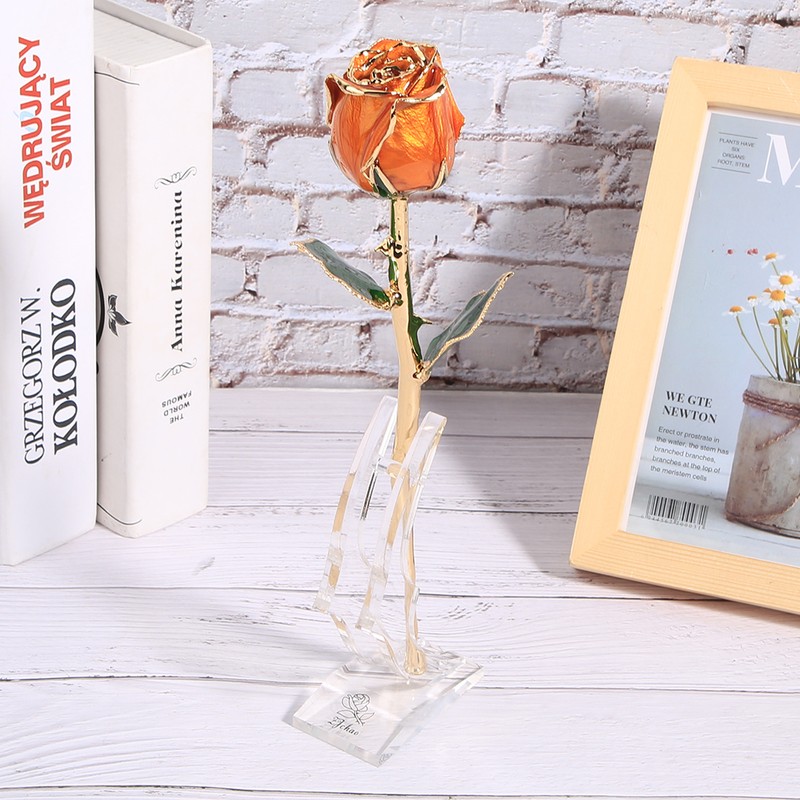 Golded Rose Flower 24K Bright Orange with Base Gift for