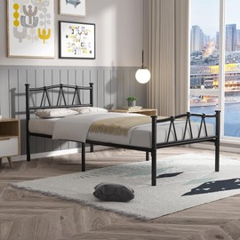 VECELO Twin Size Bed Frame with M Shape Headboard/Mattress Foundation/No Box Spring Needed, Matte Black