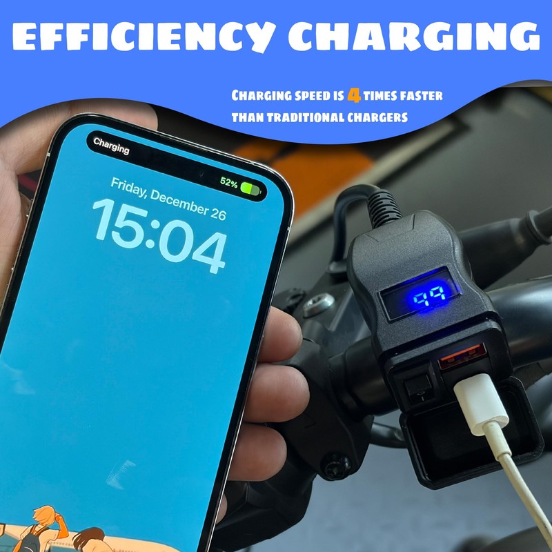 ABCERRSI Motorcycle USB Charger QC 3.0 Phone Charger Dual USB