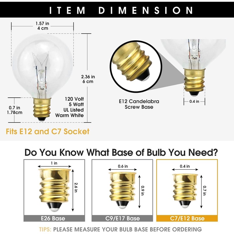 Goeszooin G40 Replacement Bulbs, 120V 5W Incandescent Globe Light Bulbs