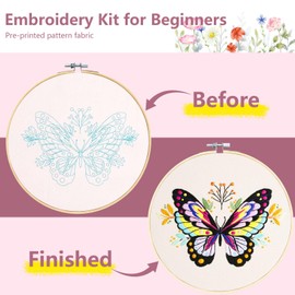 4 Pack Embroidery Kit for Beginners,Adults DIY Starter Kit,Cross Stitching Kits with Flower Stamped Patterns,Hoop,Tools,Colorful Threads with Needles,Step by Step Instructions,Hand Craft Lover Gift