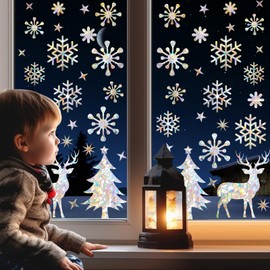 FAMYGFT Snowflake Window Clings Sun Catcher Christmas Window Decal Glass Window Iridescent Christmas Decoration Holiday Xmas Winter Window Cling Anti Collision Rainbow Window Sticker for Bird Strikes