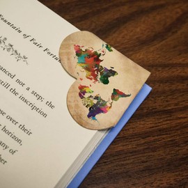 Colorful Rainbow Map of The World Earth Globe Heart Faux Leather Bookmark - Set of 2