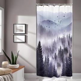 Riyidecor Riyidecor Stall Half Small Rv Shower Curtain 36Wx72H Inch Purple Mountain Camp Narrow Scenery Nature Woodland Pine Tree Bathroom Decor Fabric Polyester Waterproof 7 Pack Hooks