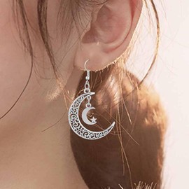 Atentuyi Boho Gothic Cresent Moon Star Drop Earrings Silver Retro Celestial Moon Dangle Earrings Unique Vintage Filigree Hook Earrings Jewellery for Women and Girls, Alloy Steel