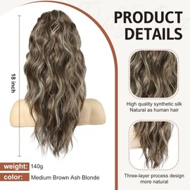 FLUFYMOOZ Ponytail Extension, 18 Inch Claw Clip Ponytail Extension, Wavy Curly Claw Clip in Ponytail Hair Extensions, Natural Fake Ponytail Synthetic Hairpiece for Women (Medium Brown Ash Blonde)
