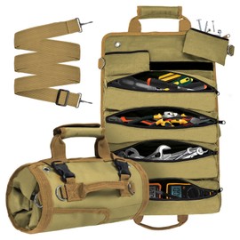 Roll Up Tool Bag, Heavy Duty Tool Roll Bag Tool Organizer Bag Portable Foldable Rollup Organizer with 2 Small Pouches Rollable Carrying Toolbag, Dad Men Mechanic Birthday Gifts (Khaki)