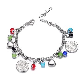 LZD Stainless Steel Charm Bracelet Evil Eye Beads Lobster San Benito Silver 7" Z39 (Silver)
