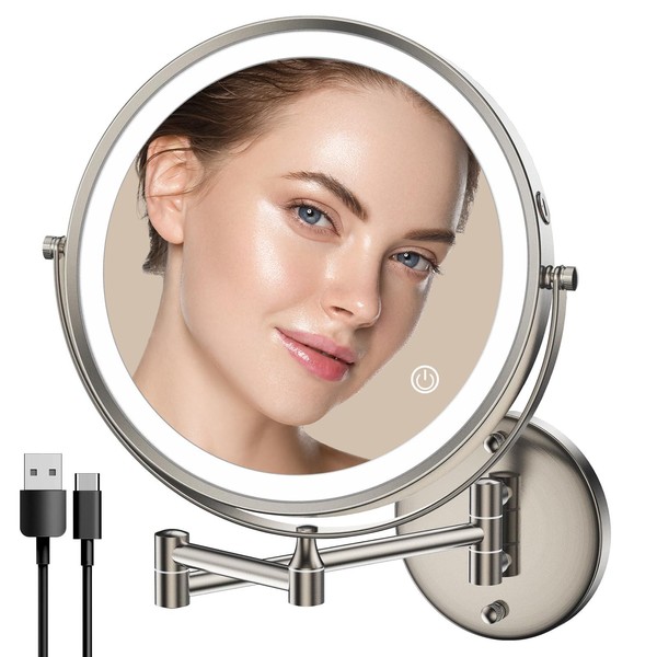 Rocollos Rechargeable Wall Mounted Lighted Makeup Mirror, 8 Inch Double-Sided