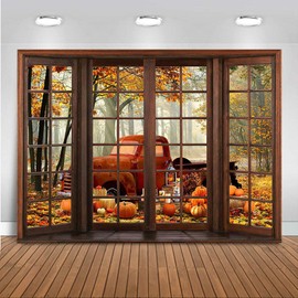 Mocsicka Autumn Forest Truck Backdrop Fall Forest Scene Natural Windowsill Photography Background Fall Harvest Pumpkin Farm Thanksgiving Day Party Supplies Decoration Banner Background (7x5ft)