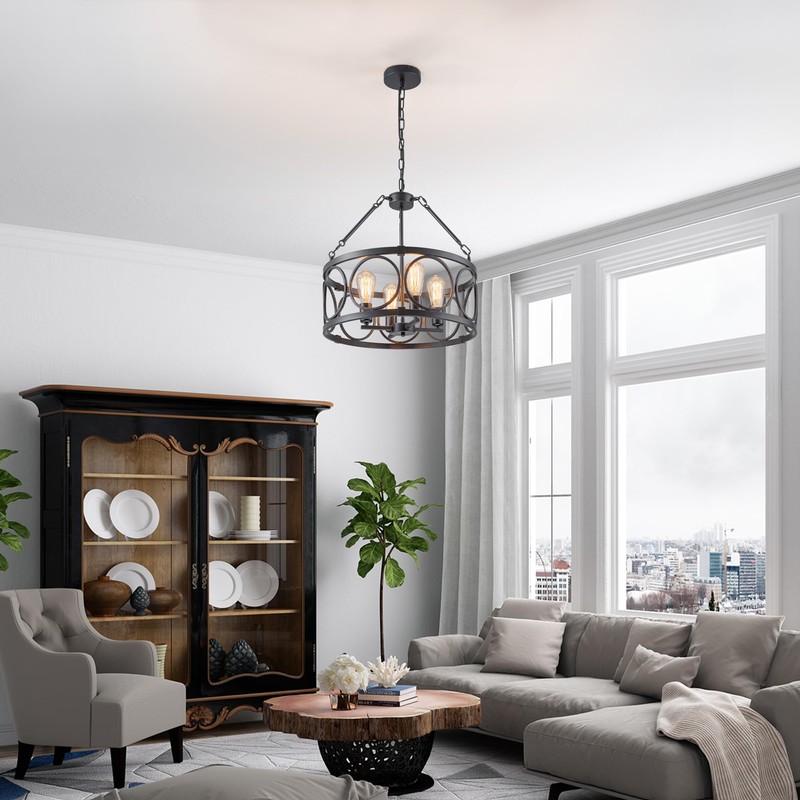 PNOUKF 4-Light Farmhouse Chandelier, Industrial Drum Pendant Light, Adjustable Height