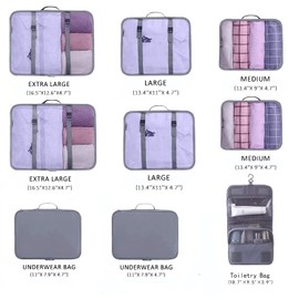 YOLOK 9 Set Packing Cubes Travel Luggage Waterproof Organizers Luggage Organizers with Hanging Toiletry Bag, Multi-Functional Clothing Sorting Packages,Travel Packing （Grey）