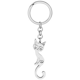 LONYOO Cute Stainless Steel Cat Keychain Gifts for Women Girls Cat Kitten Keyrings Purse Car Keys Charms (Silver Plated Long-tailed Cat)