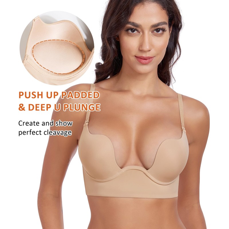 Curyon Women's Backless Deep Plunge Bra U Neckline Push Up