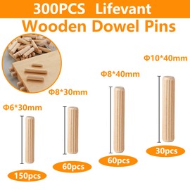 Wooden Dowel Pins 300PCS Lifevant Fluted Wood Dowels Rods for Crafts, Furniture, DIY Manual