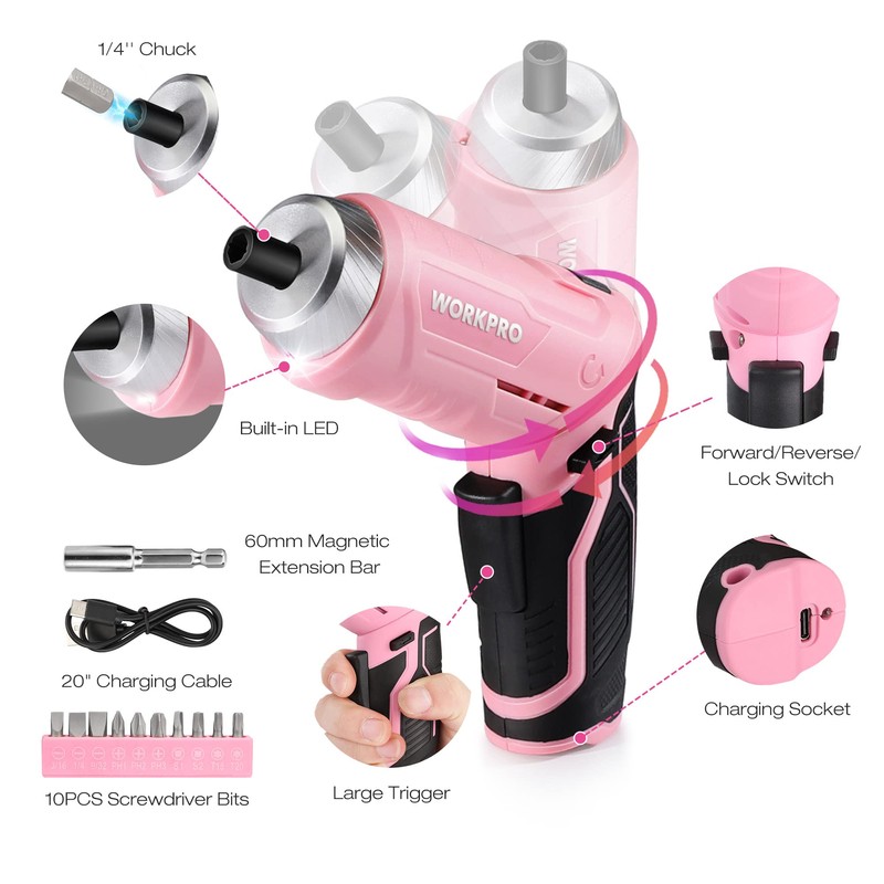 WORKPRO Pink Tool Set with 3.7V Rotatable Electric Screwdriver, 18PCS