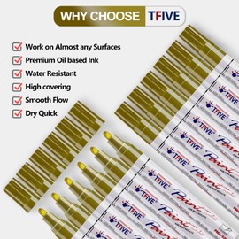 TFIVE Gold Paint Pens Markers - 12 Pack Oil Based Permanent Marker, Medium Tip, Never Fade, Quick Dry, Waterproof Paint Pen for Rocks Painting, Wood, Fabric, Plastic, Canvas, Glass, Metal