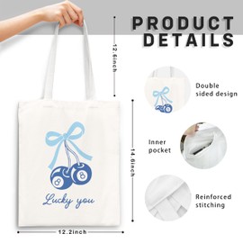 JWVK Coquette Blue Bow Tote Bag, Preppy Lucky You Cherry Canvas Tote Bag, Trendy Gifts for Women, Preppy Canvas Tote Bag Aesthetic, Coquette Stuff, Reusable Grocery Bags Shopping Bags