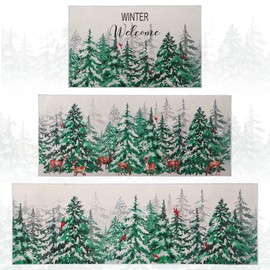 Namalu Winter Kitchen Rugs Rugs Set of 3 Farmhouse Welcome Rugs Non Slip Absorbent Rustic Door Mats Winter Snowflakes Farmhouse Tree Pine Vintage Kitchen Mat for Entryway Indoor Front Door Laundry