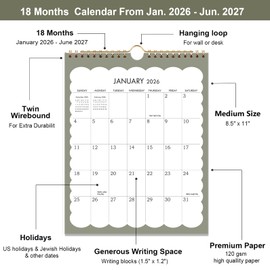 2026 Calendar - 2026-2027 Wall Calendar, January 2026- June 2027, 8.5'' x 11'' Small Calendar, 18-Month Vertical Wall Calendar with Twin-Wire Binding, Hanging Hook & Thick Paper