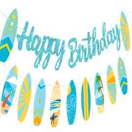 2pcs Summer Surfboard Happy Birthday Banners Summer Surfing Birthday Party Decorations Blue Glitter Surfing Birthday Banner Bunting Surfboard Banner for Summer Hawaii Beach Birthday Surfboard Supplies