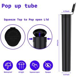 116mm Tubes Black King Size Tube with Pop Top Open Cap (100 Pack), Child Resistant Plastic Vials Waterproof Container Squeeze Bottles with Caps BPA Free