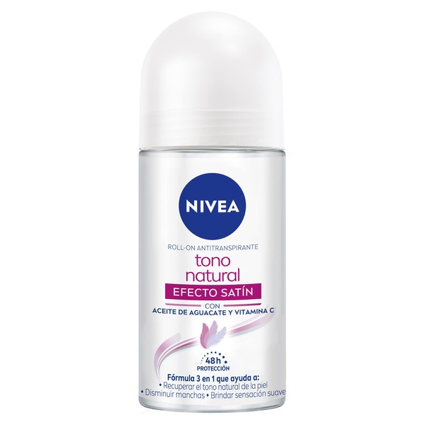 NIVEA Desodorante Aclarante para Mujer Tono Natural Efecto Satín (50 ml), 48hrs Protección Antitranspirante en Roll on con Aceite de Aguacate y Talco de Caolín