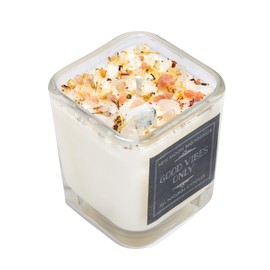 Good Vibes Only Candle by New Moon Beginnings - Negative Energy Cleansing - Soy Aromatherapy Candle - Handmade with Crystals & Herbs (7.5oz Glass Square Jar)