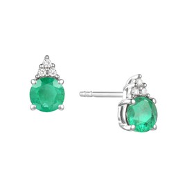 Tirafina Diamonds and Genuine Emerald Stud Earrings, 3 Round Shaped Diamonds Set Above a Genuine Emerald, 3 Natural Round Diamond Stones, 14K White Gold, 4.5mm Stone (0.03 cttw)