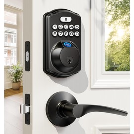 Veise Fingerprint Door Lock with 2 Lever Handles - Keyless Entry Door Lock, Electronic Keypad Deadbolt, Digital Smart Code & Front Handle Sets, Auto-Locking, Easy Installation, Matte Black