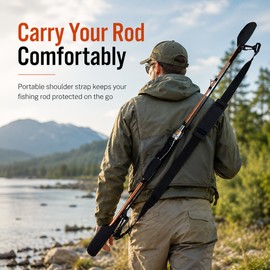 Fishing Rod Carry Strap for Travel & Storage – Adjustable Nylon Rod Holder with Tip Protector, Grip Pocket & Hanging Ring