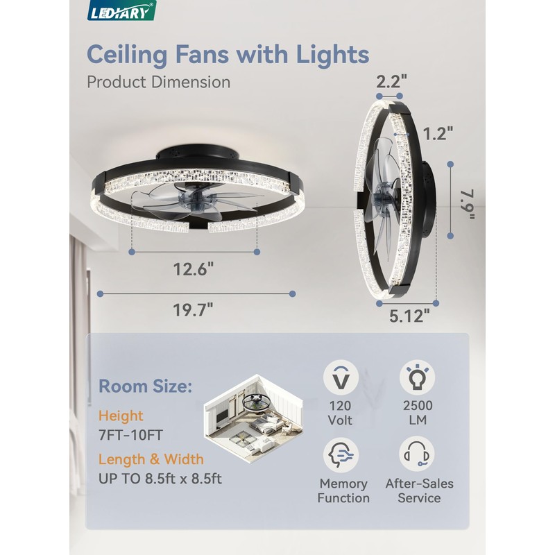 LEDIARY Flush Mount Ceiling Fans with Lights and Remote, 19.7''