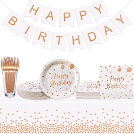 Serves 35 Guests Happy Birthday Paper Plates Party Supplies,7 Inch White and Rose Gold Happy Birthday Disposable Paper Plates Napkins Forks Tablecloths Banner for Party Decorations