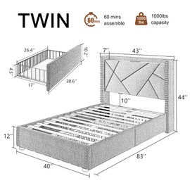 Einhomn Platform Twin Bed Frame with 4 Storage Drawers, Upholstered Bed Frame with Charging Station, Modern Geometric Wingback Headboard, No Box Spring Needed, Easy Assembly, Noise-Free, Dark Grey
