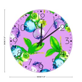 Wooden Wall Clock Non-Ticking Quartz Battery Operated Fruit Pattern Design Blueberry Farmhouse Wall Clocks Blue Purple Wooden Wall Decor for Yoga Room Patio Garden 12x12 Inch