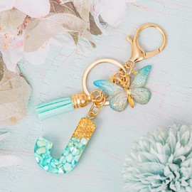 MWOOT Cute Initial Letter J Keyrings Green Key Ring,Capital Alphabet Gold Foil Resin Keychain Charm with Butterfly Tassel Pendant,Fashion Key Chain for Women Adult Gift Purse Bag Handbag Decor(J)