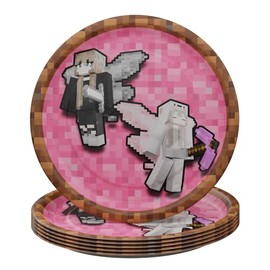 Blue Orchards Pixel Girl Dessert Plate (Pack of 20) - Girl Gamer Party Supplies, Gamer Birthday Decorations for girls, Mining Craft Party, Pixel Miner Party, Gamer Birthday Party