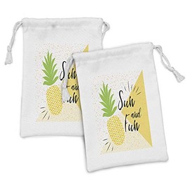 Ambesonne Beach Saying Fabric Pouch Set of 2, Sun and Fun Text with Tropical Pineapple Fruit on Dotted Background, Small Drawstring Bag for Toiletries Masks and Favors, 9" x 6", Yellow Green Black