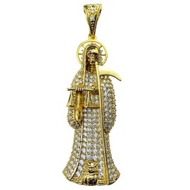 HOMIEBUDS XGATML Nuestra Señora De La Santa Muerte Pendant Holy Death Iced Micro Pave Bling 24K Gold Finish Charm 3.5" inch