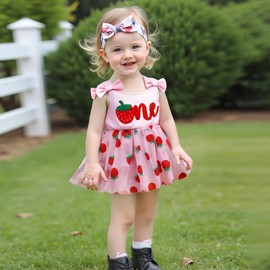 Emmababy Baby Girl Strawberry Romper Dress Smocked Tutu Bodysuit Fruit Overalls Strawberry Birthday Outfit Summer Clothes (15 Pink, 12-18 Months)