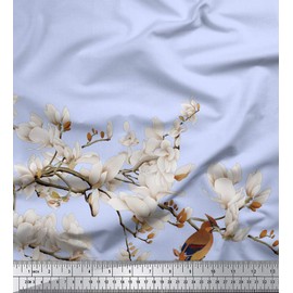 Soimoi Blue Rayon Fabric White Floral & Bulbul Bird Print Fabric by Yard 42 Inch Wide