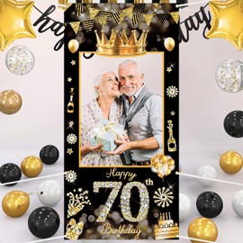 POPOYU 70th Birthday Decorations,Black Gold Birthday Banner Party Photo Booth Props,Giant Fabric 70th Birthday Party Photo Booth Frame,Funny Large Selfie Frame for Men Women Birthday Party Supplies