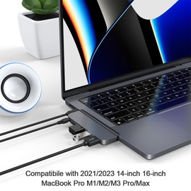 Qwiizlab Adaptador USB C Hub 5 en 1, puerto de datos USB 3.0, lector de tarjetas microSD, conector de audio de 3.5 mm para MacBook Pro 2023/2021 de 14 pulgadas y 16 pulgadas M3/M2/M1 Pro/Max (gris)
