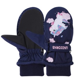JNUYISW Children's Ski Gloves, Waterproof Mittens, Warm Winter Gloves, Outdoor Windproof Sports Snow Gloves for 2-10 Years, Boys, Girls, Running, Skiing, Snowboarding, Unicorn, Navy