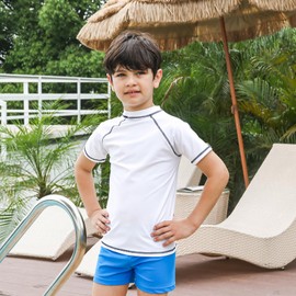 TIZAX Boys' Rash Vest Kids UPF50+ Sun Protection Short Sleeve Swimming Tops Quick Dry Rash Guard White 13-14 Years