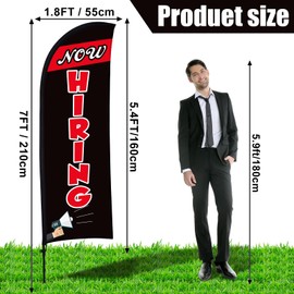 Buryeah Now Hiring Feather Flag Set Swooper Flag Signs Advertising Feather Now Hiring Banner with Poles and Ground Spike for Business Promotion, 7 x 5.4 ft (Black)