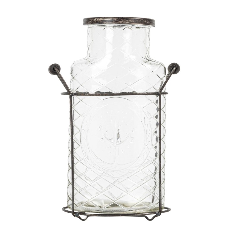 Creative Co-Op Glass vase in Metal Stand with Metal Frog